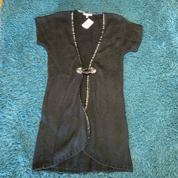 Faux Leather Trim Knit Cardigan - Picture 2 of 5